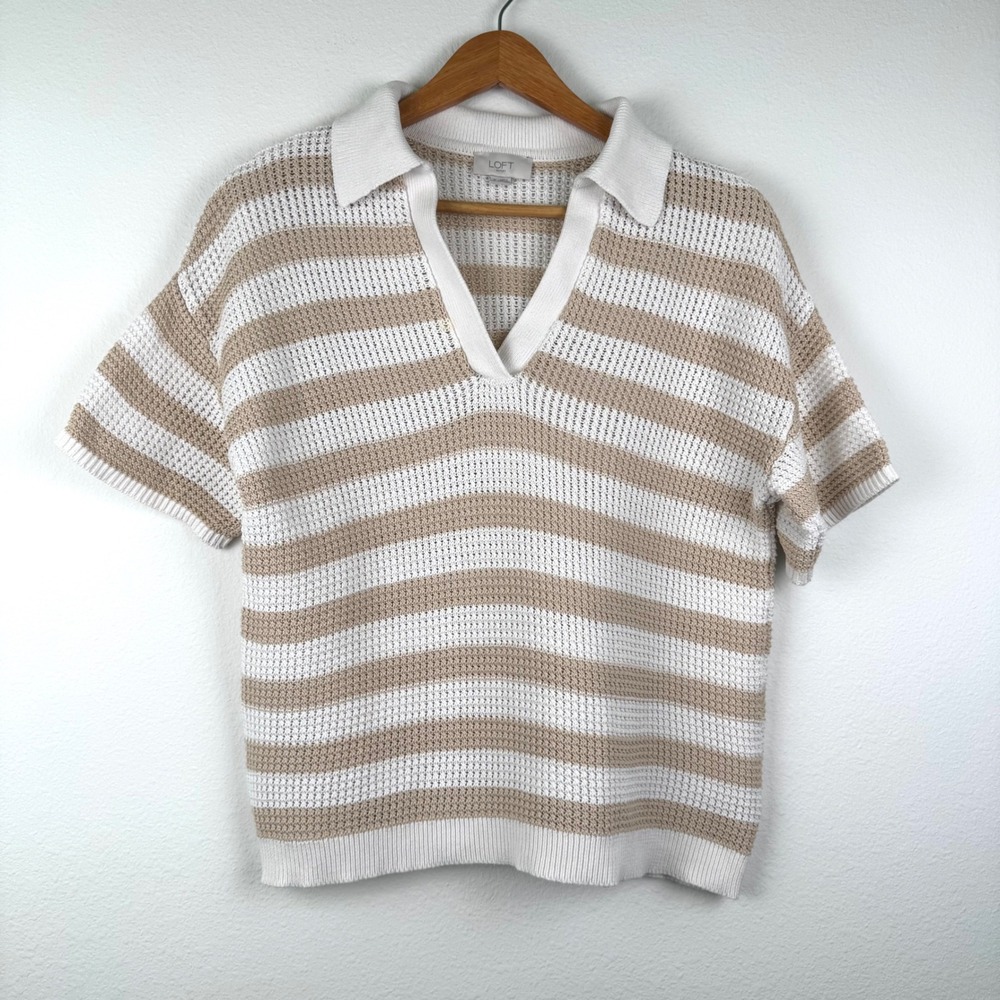 LOFT Outlet Polo Sweater Womens Medium Tan White Good Coastal Casual Striped